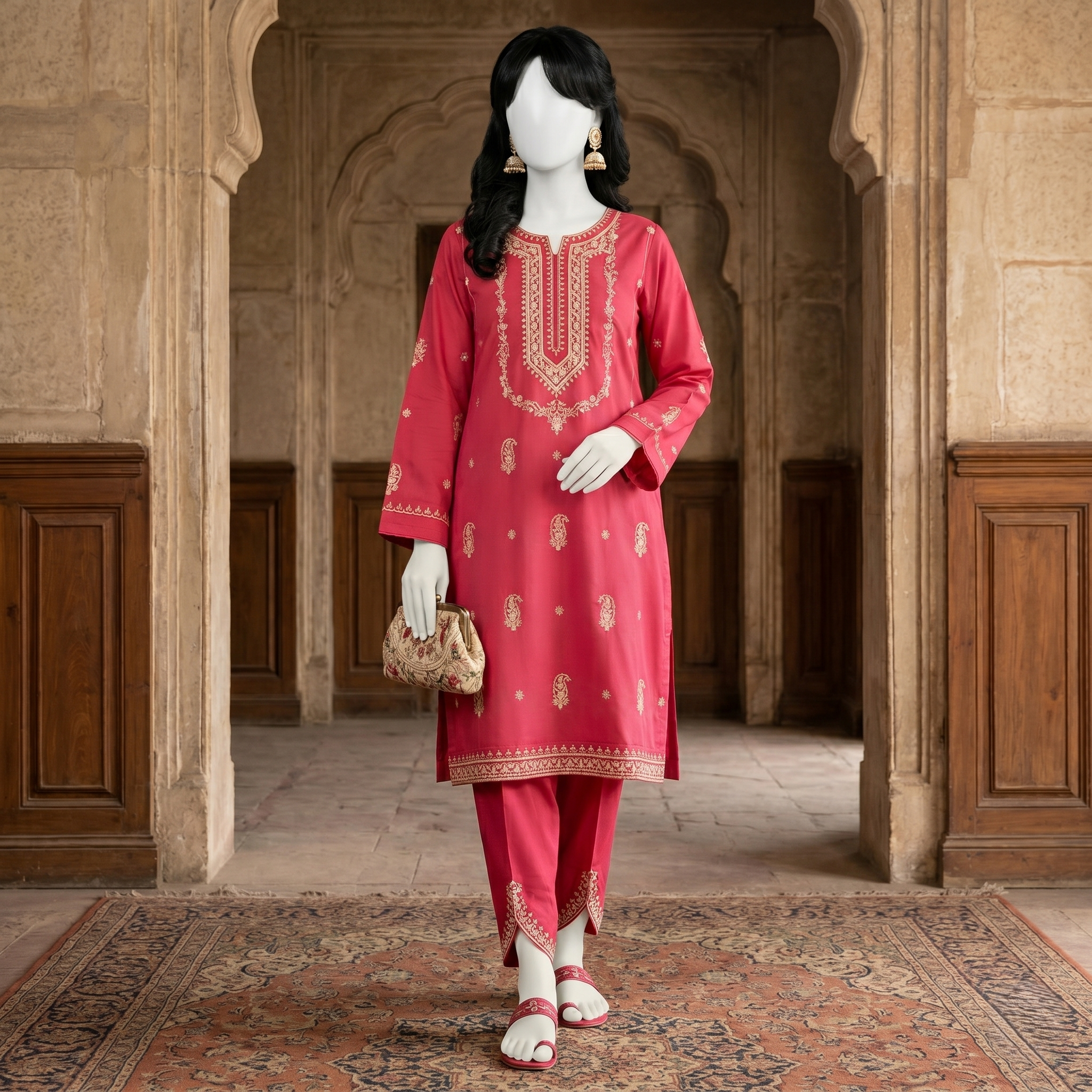 Premium 2-piece printed unstitched lawn suit collection by ZH2 Store, featuring a 2.2-meter shirt and 2.2-meter trouser fabric with intricate floral and ethnic designs displayed on a mannequin.