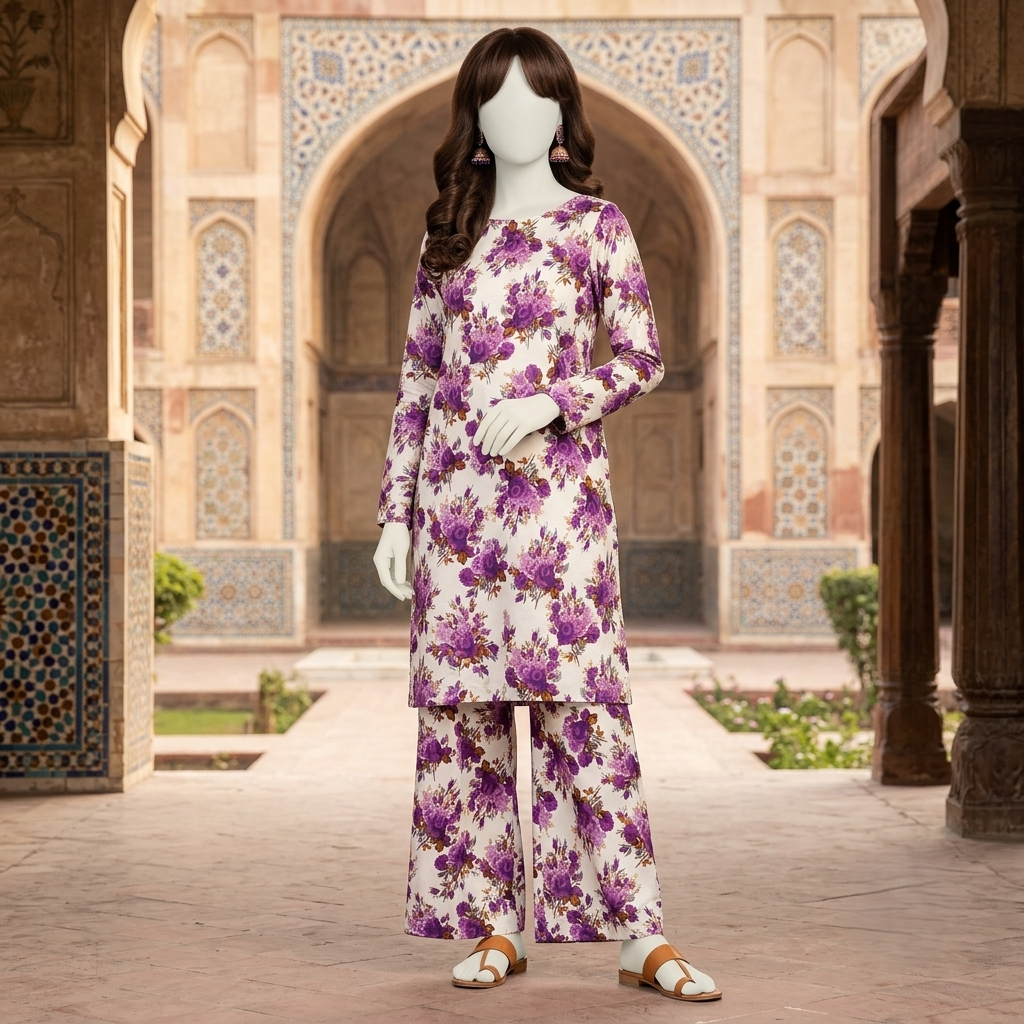 "White and purple floral printed 2-piece unstitched cotton-silk suit for women"