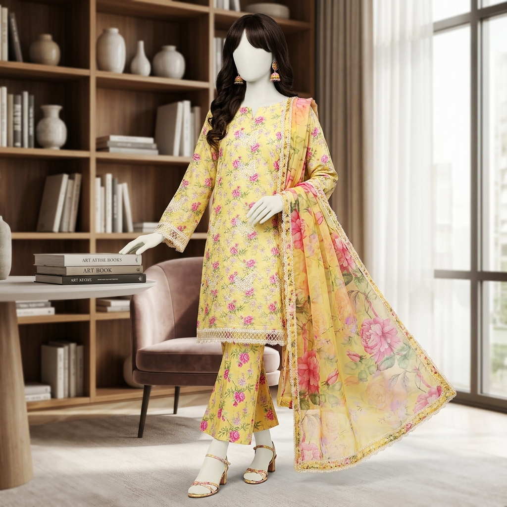 A mannequin wearing a vibrant yellow lawn suit with pink floral patterns, styled with a matching dupatta in a library-themed studio.