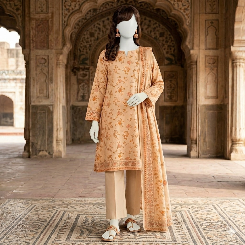 ZH2 Store Elegant Peach Floral Printed 3-Piece Unstitched Lawn Suit