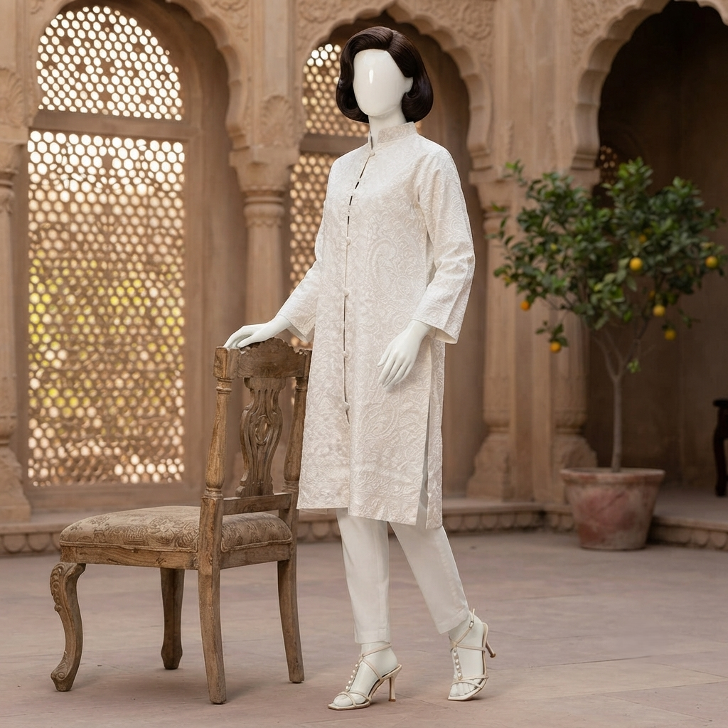Mannequin wearing an elegant ivory embroidered long coat from ZH2 Store, standing next to a vintage wooden chair.