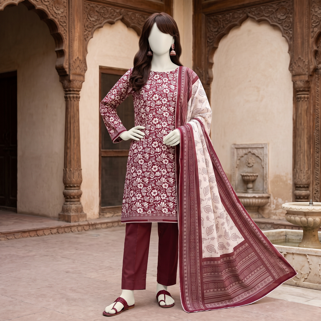 A woman’s mannequin wearing a maroon, floral-printed 3-piece unstitched lawn suit with matching trousers and a coordinating dupatta, set against a traditional aesthetic background.