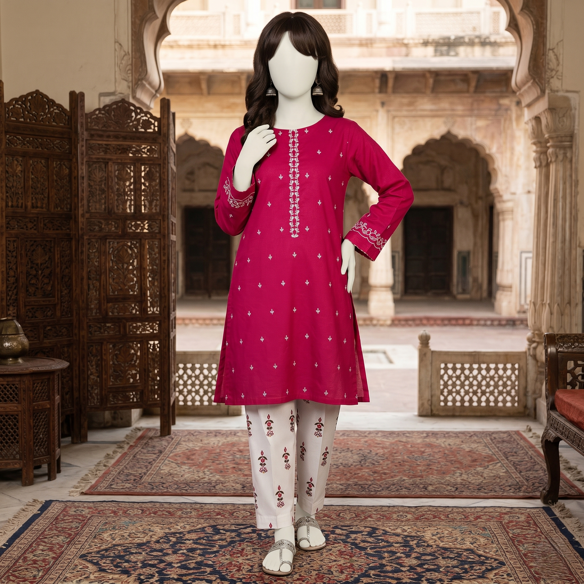Premium 3-piece printed unstitched lawn suit collection by ZH2 Store, featuring a 2.1-meter shirt, 2.2-meter dupatta, and 2.2-meter trouser fabric with intricate floral and ethnic designs displayed on a mannequin.
