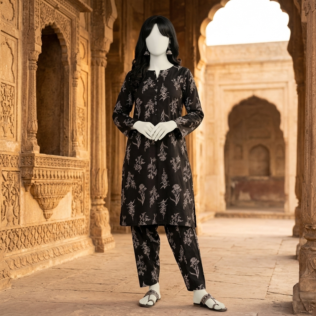 "Woman modeling a premium cotton-silk unstitched 2-piece suit with elegant printed work from ZH2 Store."