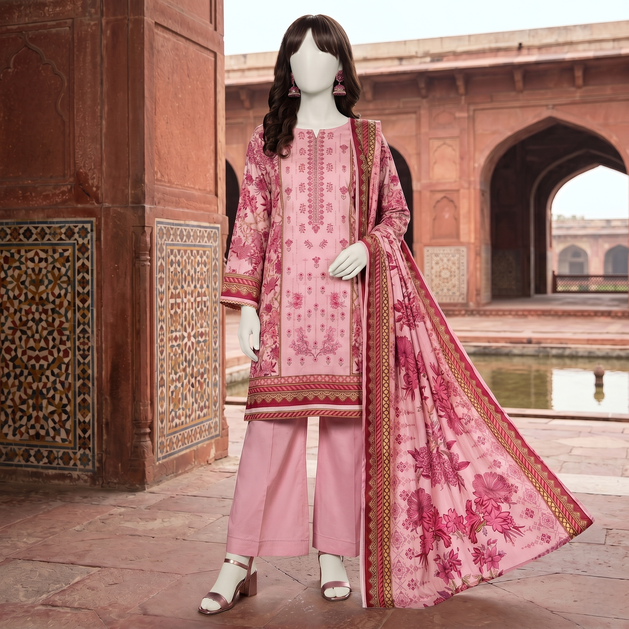 ZH2 Store Pink 3-Piece Unstitched Printed Lawn Suit