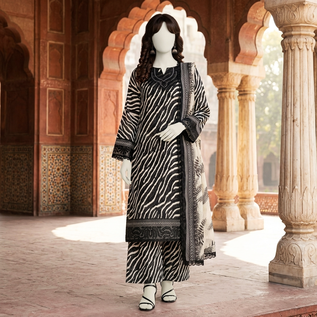 A mannequin wearing a monochrome zebra print 3-piece unstitched lawn suit, featuring intricate black embroidery and a matching patterned dupatta.