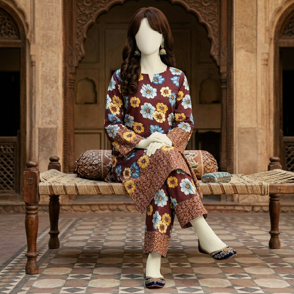 Mannequin wearing a 2-piece unstitched maroon cotton silk suit with vibrant blue and yellow floral prints and a traditional chunri border, seated on a wooden charpai.