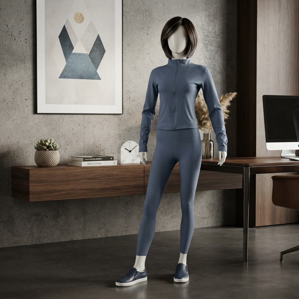 A mannequin wearing a gray zip-up gym jacket and matching leggings, displayed in a modern office-themed setting.
