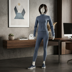 A mannequin wearing a gray zip-up gym jacket and matching leggings, displayed in a modern office-themed setting.
