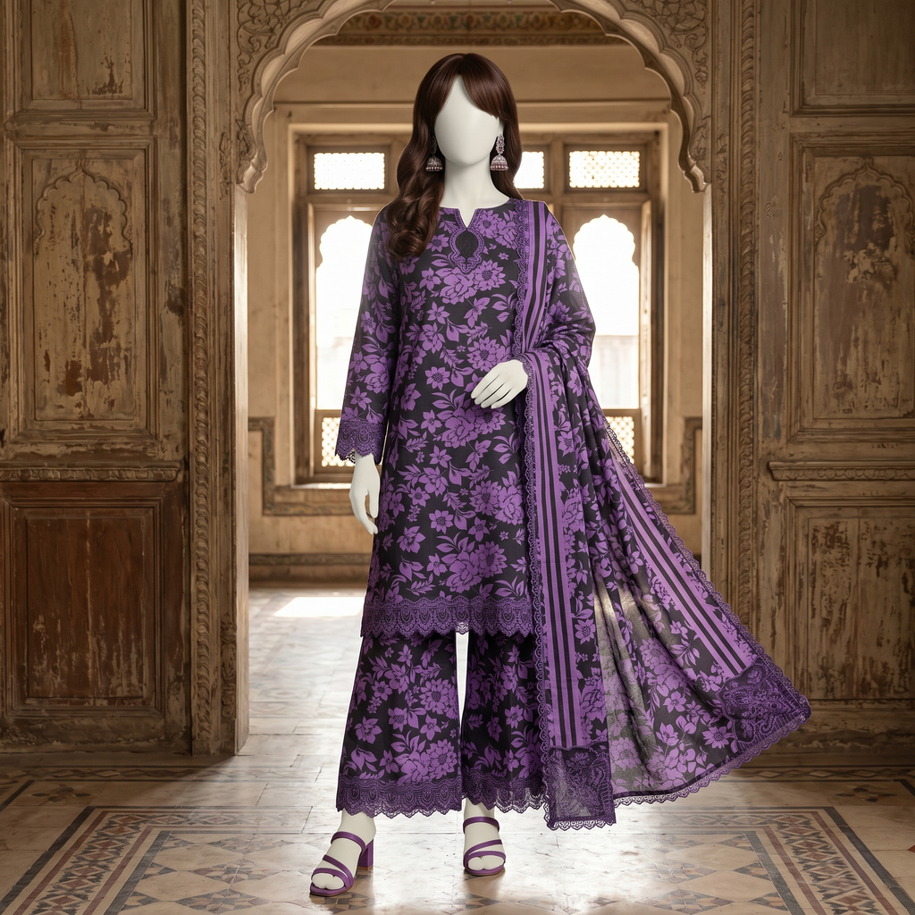 Premium 3-piece printed unstitched lawn suit collection by ZH2 Store, featuring an elegant floral and ethnic-inspired design with a 3.3-meter shirt, 2.2-meter dupatta, and 2.2-meter trouser fabric displayed on a mannequin.