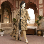 "Full-length view of a 3-piece unstitched lawn suit in beige with black floral print on a mannequin, Zh2 Store"