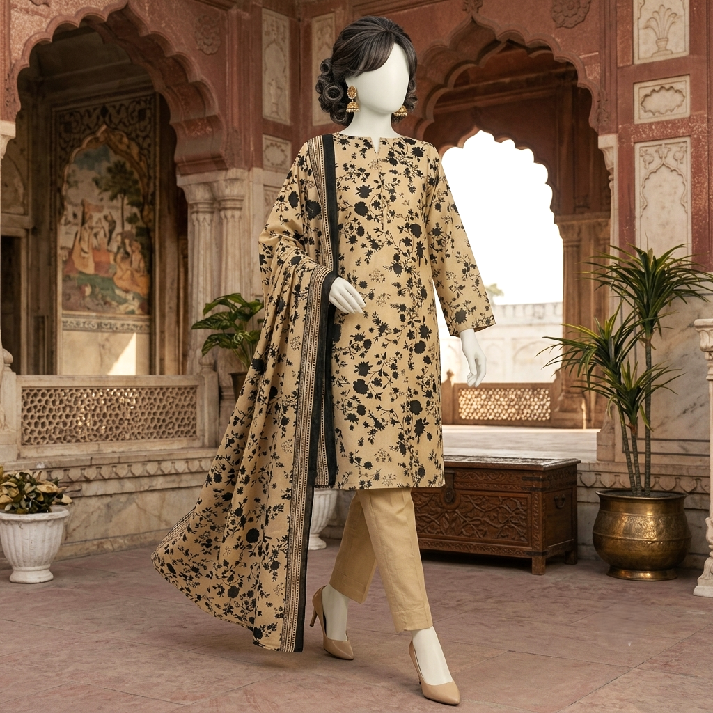 "Full-length view of a 3-piece unstitched lawn suit in beige with black floral print on a mannequin, Zh2 Store"
