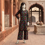 "Premium cotton silk 2-piece unstitched suit for women with vibrant multicolor leaf print on black fabric - ZH2 Store."