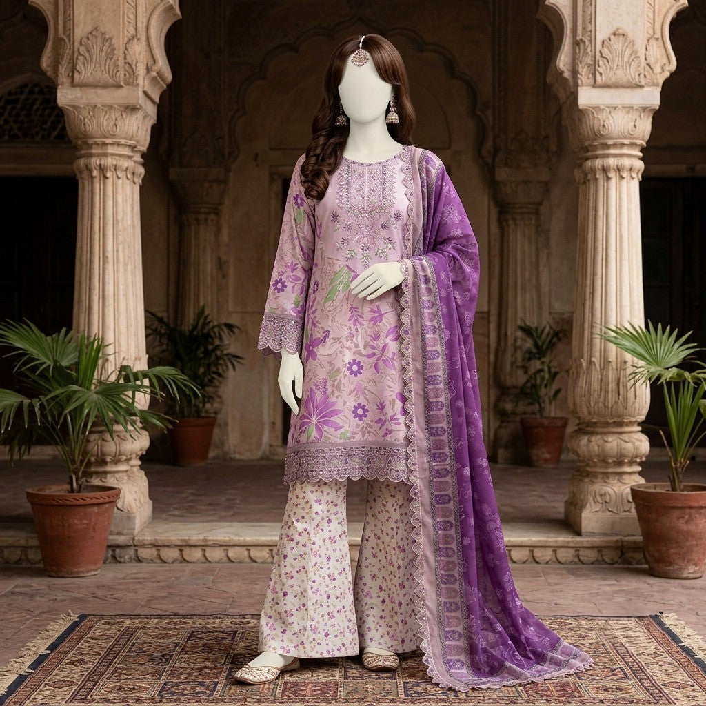 A mannequin wearing a lilac floral embroidered 3-piece unstitched lawn suit with a patterned trouser and a matching purple dupatta.