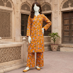 "Mustard yellow floral printed 2-piece unstitched cotton suit for women"