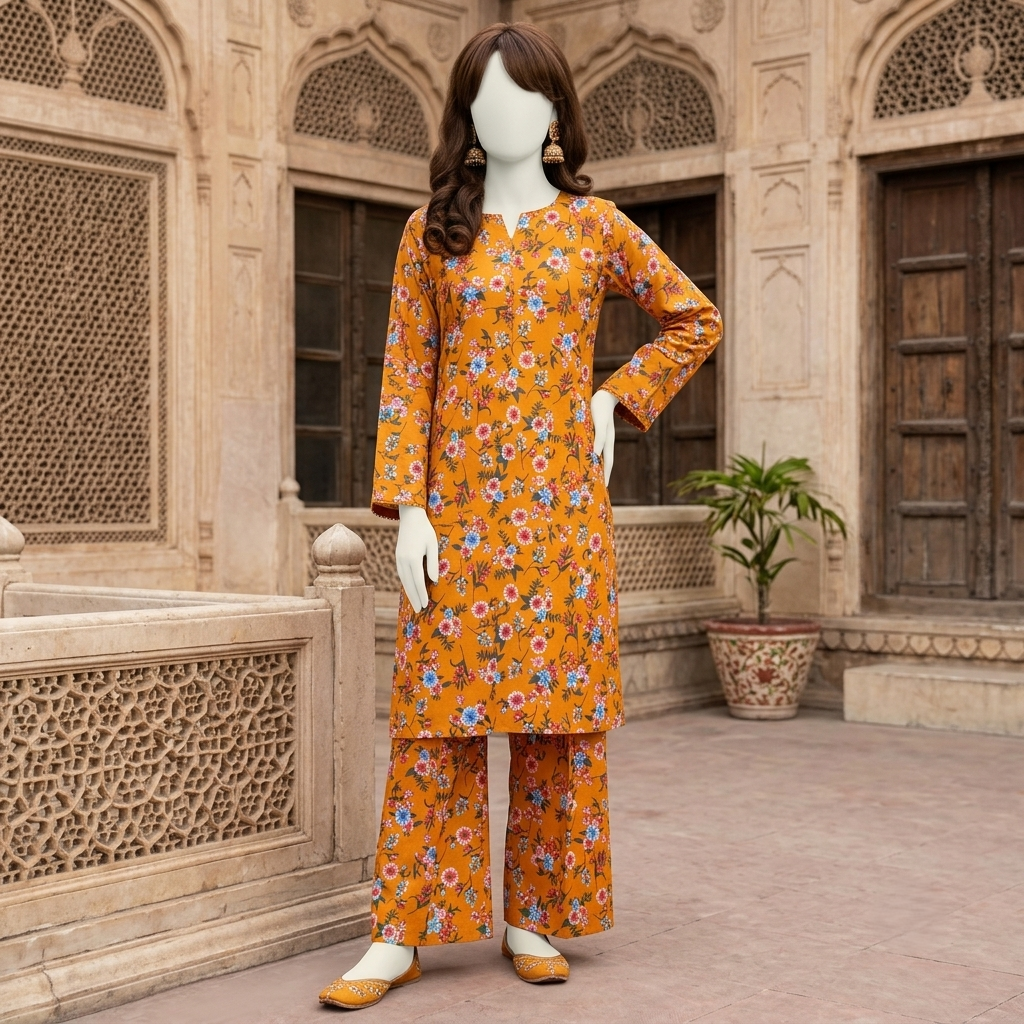 "Mustard yellow floral printed 2-piece unstitched cotton suit for women"