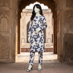 Premium unstitched 2-piece cotton silk suit in indigo blue floral print on off-white fabric - zh2 store