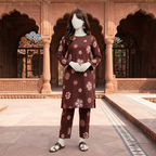 "Brown  floral printed unstitched 2-piece cotton suit for women by ZH2 Store."