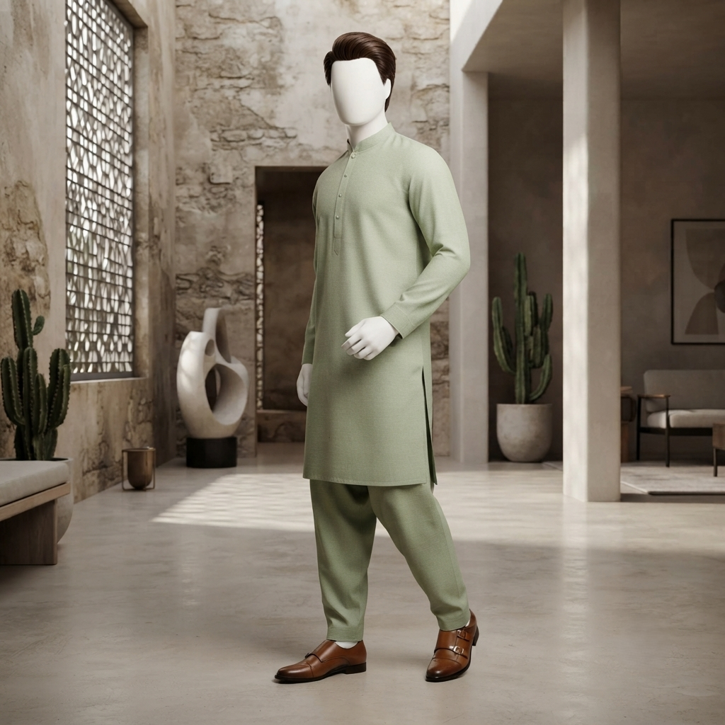 A mannequin showcasing the Sage Green Khaddar 2-piece Shalwar Kameez from ZH2 Store in a studio setting.