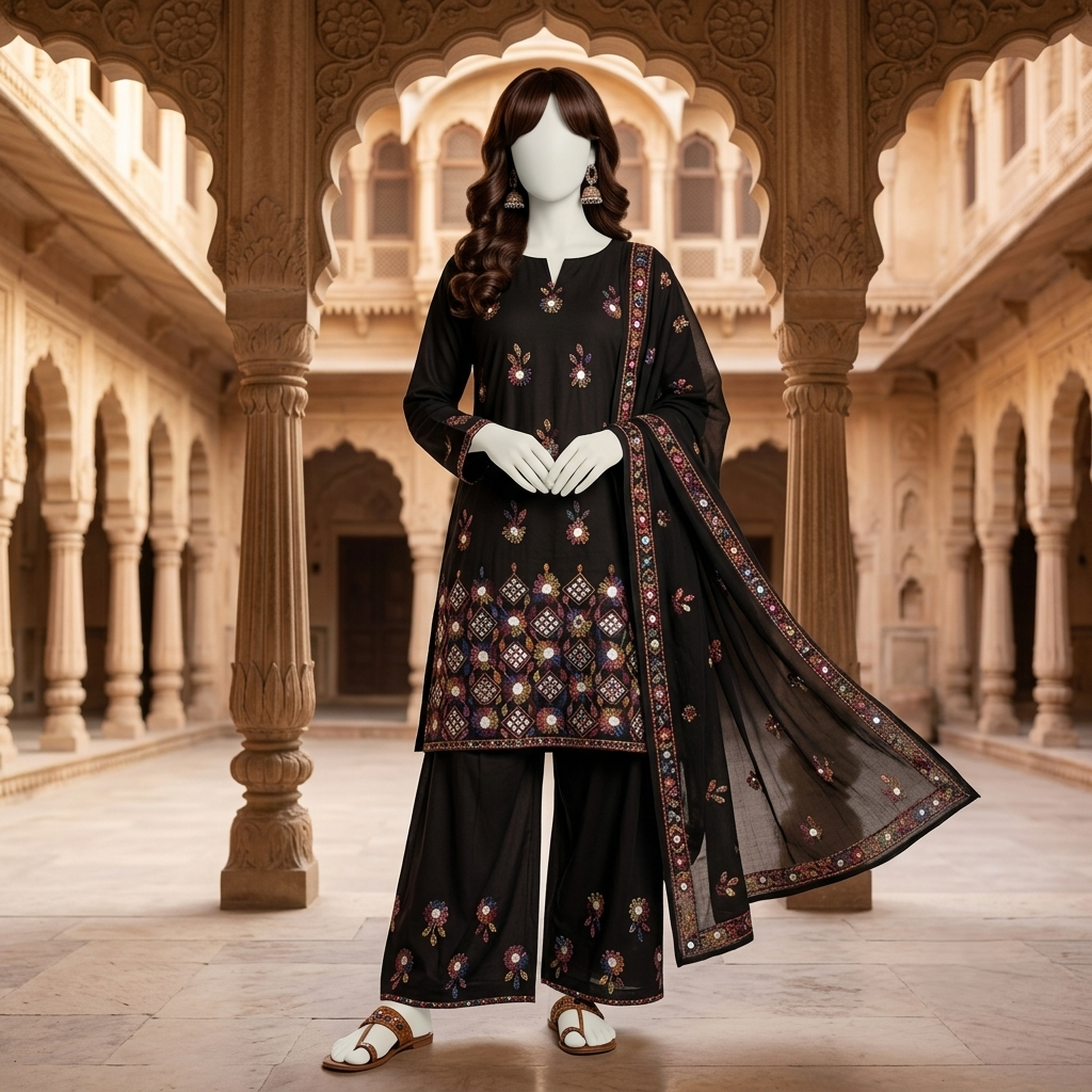 Elegant 3-piece unstitched lawn suit with colorful intricate embroidery on the shirt and trousers, paired with a matching embroidered dupatta, displayed on a mannequin.