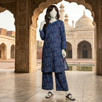 "Woman wearing a premium cotton-silk unstitched 2-piece suit with a monochrome floral print from ZH2 Store."
