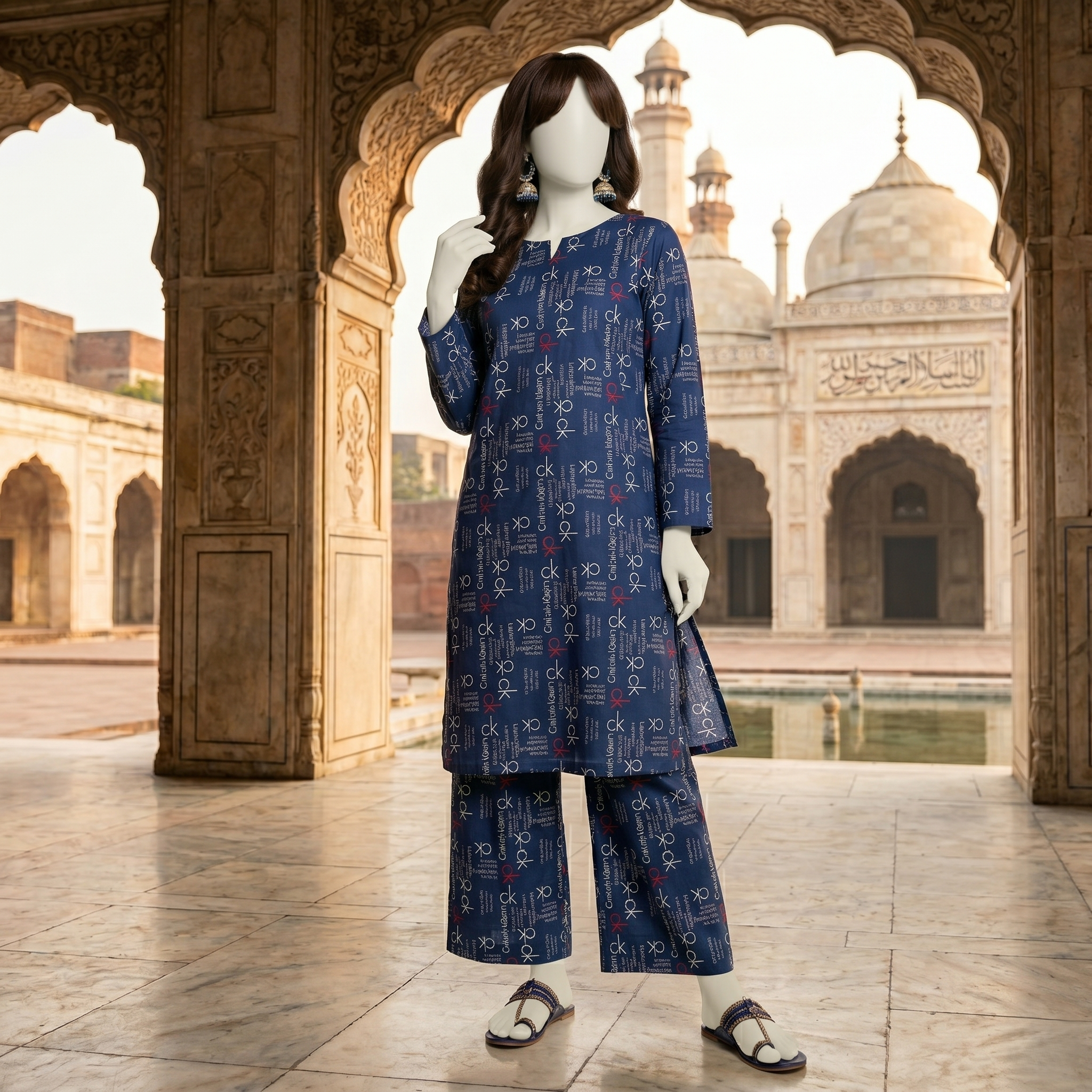 "Woman wearing a premium cotton-silk unstitched 2-piece suit with a monochrome floral print from ZH2 Store."