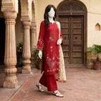 A mannequin wearing a bold crimson printed lawn suit with a contrasting light-coloured dupatta, styled in a traditional architectural setting.