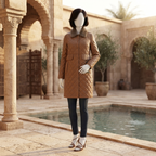 Elegant brown quilted puffer jacket with faux fur collar by ZH2 Store, displayed on a mannequin in an outdoor architectural setting.