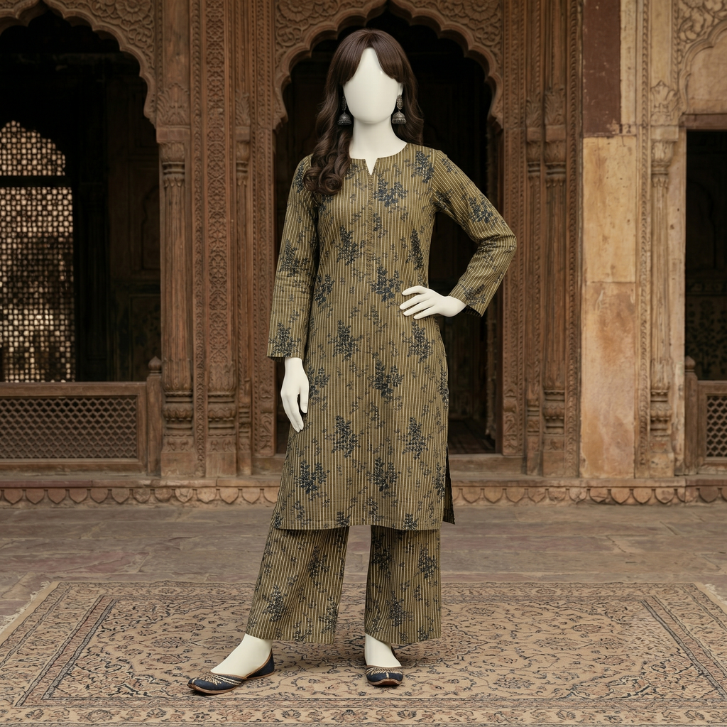 "view of an unstitched olive green floral cotton 2-piece suit - ZH2 Store"