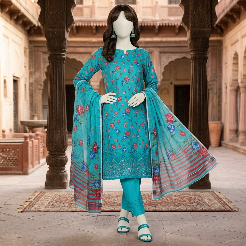 ZH2 Store 3-piece unstitched printed lawn suit featuring fine floral vine motifs on a mannequin.