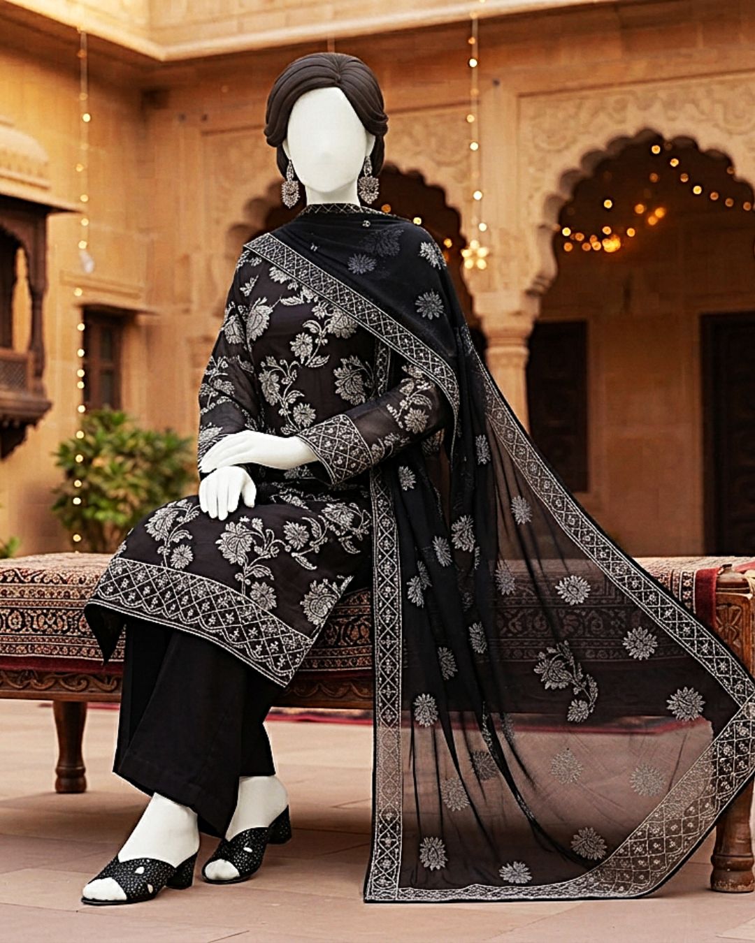 Midnight Noir 3-Piece Embroidered Unstitched Lawn Suit displayed on a mannequin sitting against an architectural backdrop