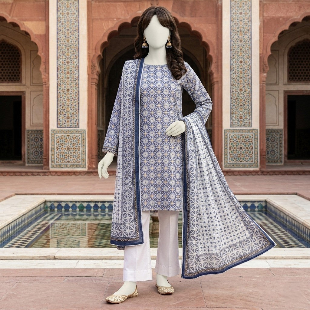ZH2 Store Elegant Blue Geometric Printed 3-Piece Unstitched Lawn Suit