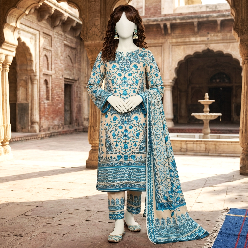 Premium 3-piece printed unstitched lawn suit from ZH2 Store in a blue and ivory floral architectural print, showcasing a 2.8-meter shirt, 2.5-meter dupatta, and 2.5-meter trouser fabric on a display mannequin.
