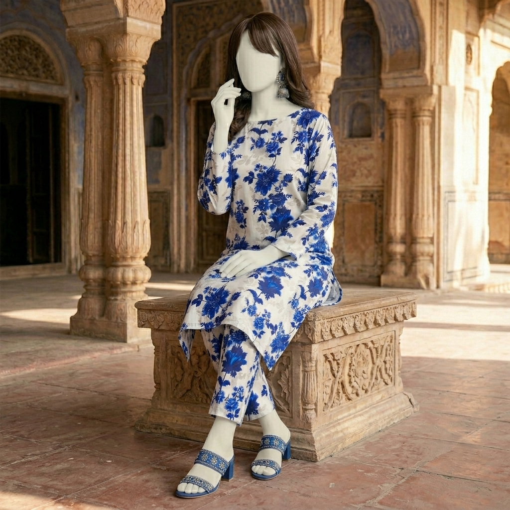 "Woman wearing a premium cotton-silk unstitched 2-piece suit with vibrant floral prints from ZH2 Store."
