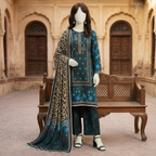 Premium 3-piece printed unstitched lawn suit collection by ZH2 Store, featuring a 2.7-meter shirt, 2.2-meter dupatta, and 2.2-meter trouser fabric with intricate floral and ethnic designs displayed on a mannequin.