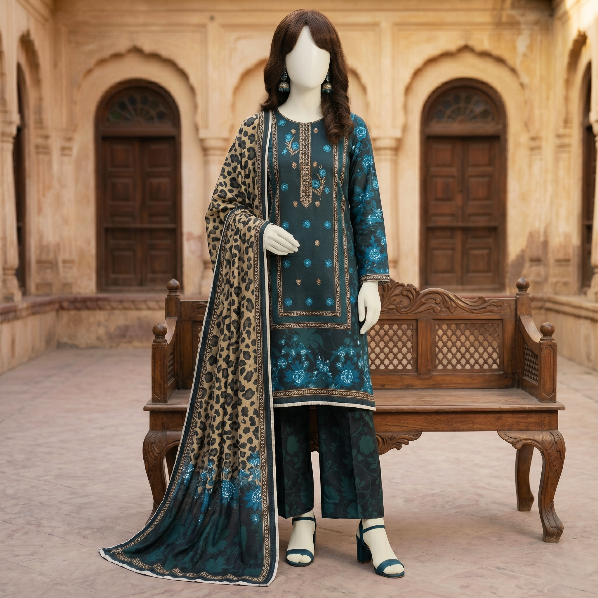 Premium 3-piece printed unstitched lawn suit collection by ZH2 Store, featuring a 2.7-meter shirt, 2.2-meter dupatta, and 2.2-meter trouser fabric with intricate floral and ethnic designs displayed on a mannequin.