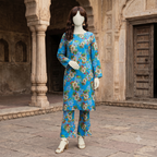 Mannequin wearing a vibrant blue floral 2-piece unstitched cotton suit by ZH2 Store.