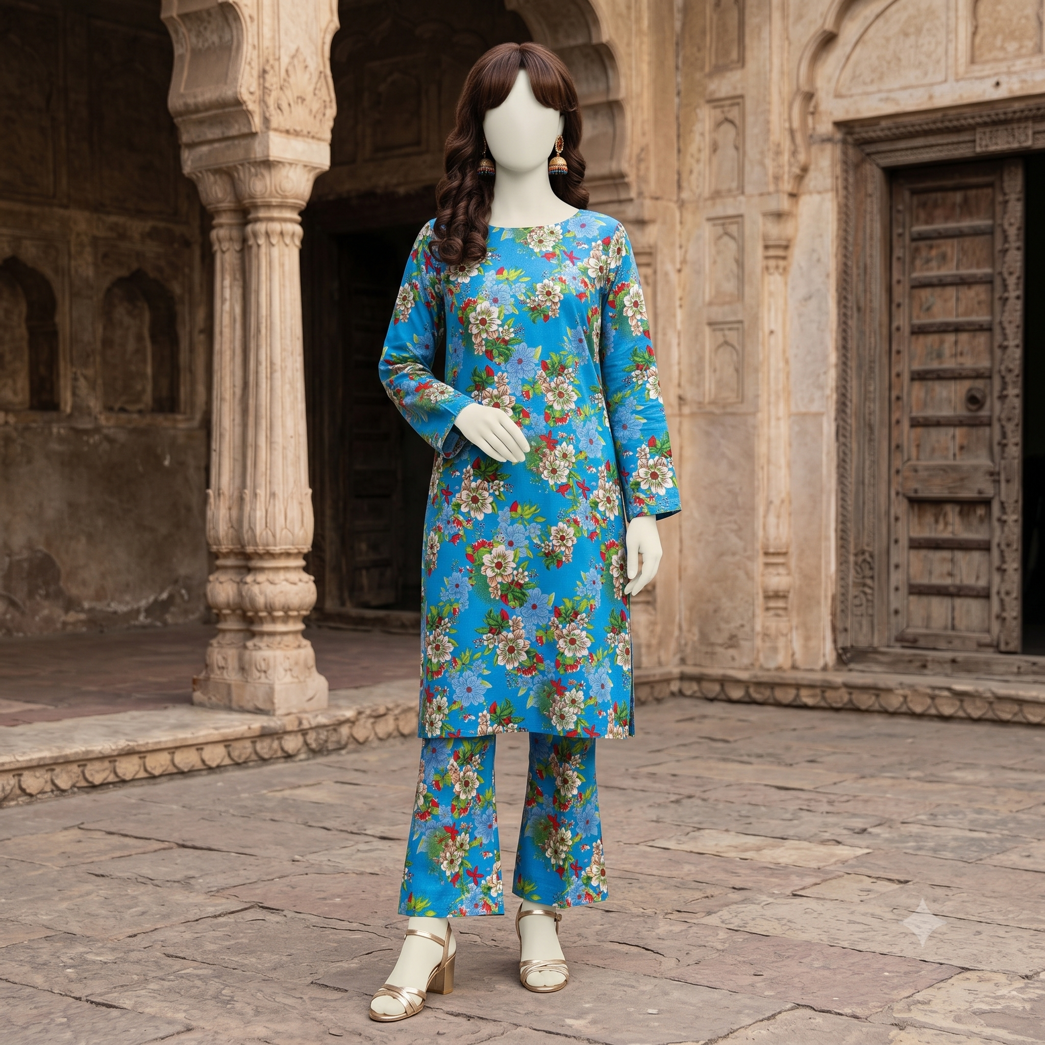 Mannequin wearing a vibrant blue floral 2-piece unstitched cotton suit by ZH2 Store.