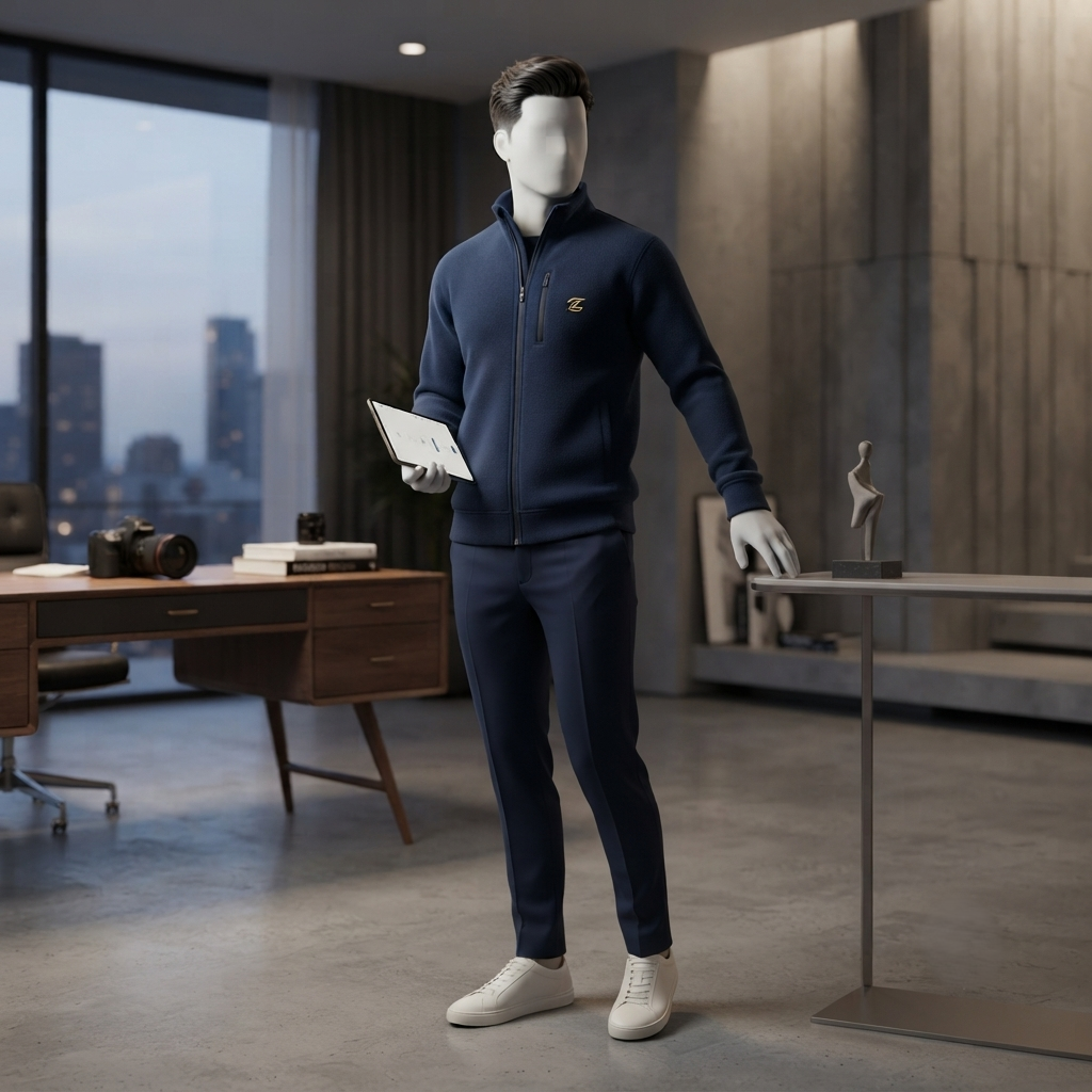 Professional view of a mannequin wearing the ZH2 Store navy tech-fleece jacket, holding a tablet in a modern office.