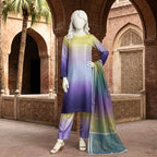 A mannequin showcasing a vibrant yellow-to-purple gradient silk 3-piece unstitched suit with a matching gradient dupatta.