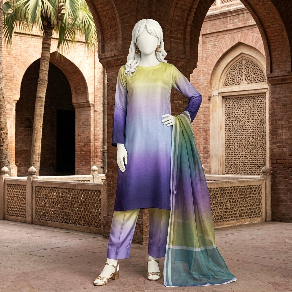 A mannequin showcasing a vibrant yellow-to-purple gradient silk 3-piece unstitched suit with a matching gradient dupatta.