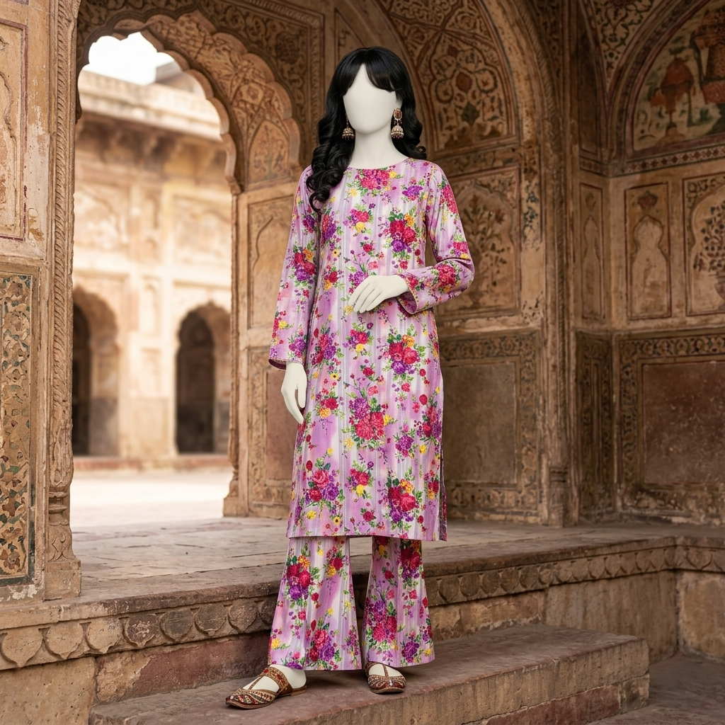 "Woman wearing a premium cotton-silk unstitched 2-piece suit with sophisticated artistic prints from ZH2 Store."