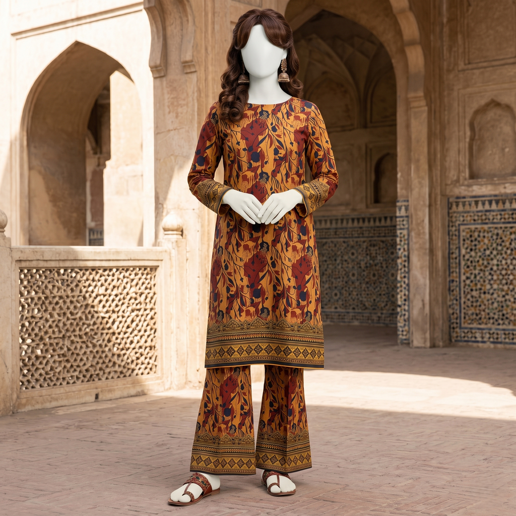 A mannequin wearing a vibrant red and white floral printed 2-piece unstitched cotton lawn suit with a traditional chunri border, displayed in a classic outdoor setting.