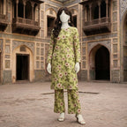 "Woman wearing a premium cotton-silk unstitched 2-piece suit with monochrome geometric printed work from ZH2 Store."