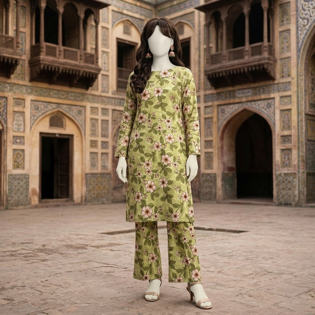 "Woman wearing a premium cotton-silk unstitched 2-piece suit with monochrome geometric printed work from ZH2 Store."