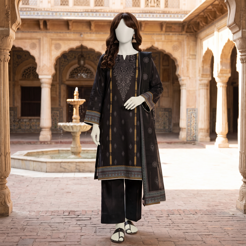 Full-length view of a mannequin wearing an elegant midnight black printed 3-piece unstitched lawn suit from ZH2 Store.