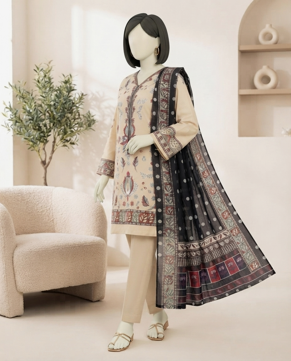 Beige 3-piece unstitched embroidered lawn suit with a contrast black and patterned dupatta displayed on a mannequin.