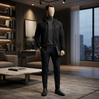 A mannequin standing in a modern office space, wearing the premium black zip-up hoodie from ZH2 Store.
