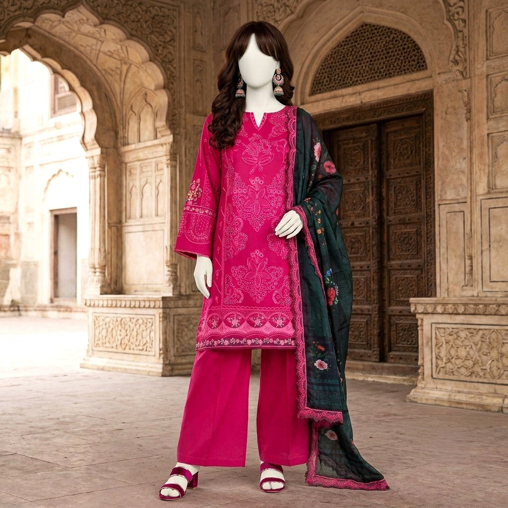 A mannequin wearing a vibrant fuchsia 3-piece unstitched lawn suit featuring detailed embroidery and a dark floral printed dupatta.