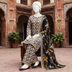 A mannequin wearing a dark-themed floral printed 3-piece unstitched lawn suit featuring a matching shirt, trousers, and a dupatta displayed in a traditional architectural setting at ZH2 Store..